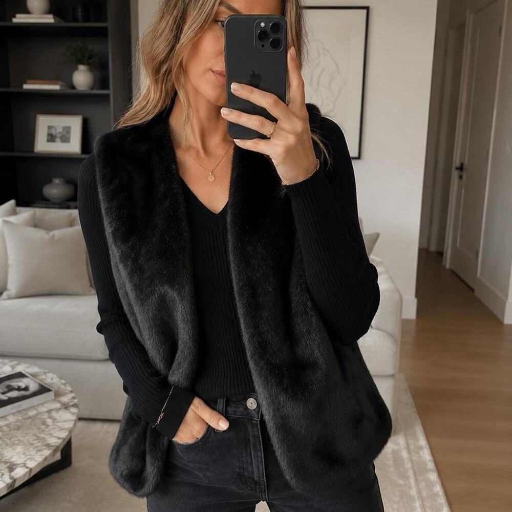 Armani Exchange Black Faux Fur Wool Knit Open Front Vest Size S